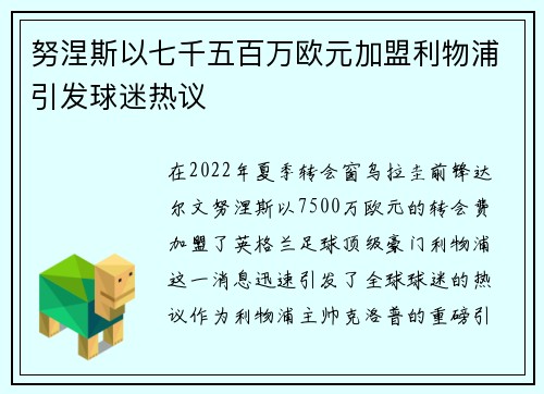 努涅斯以七千五百万欧元加盟利物浦引发球迷热议 努涅斯以七千五百万欧元加盟利物浦引发球迷热议